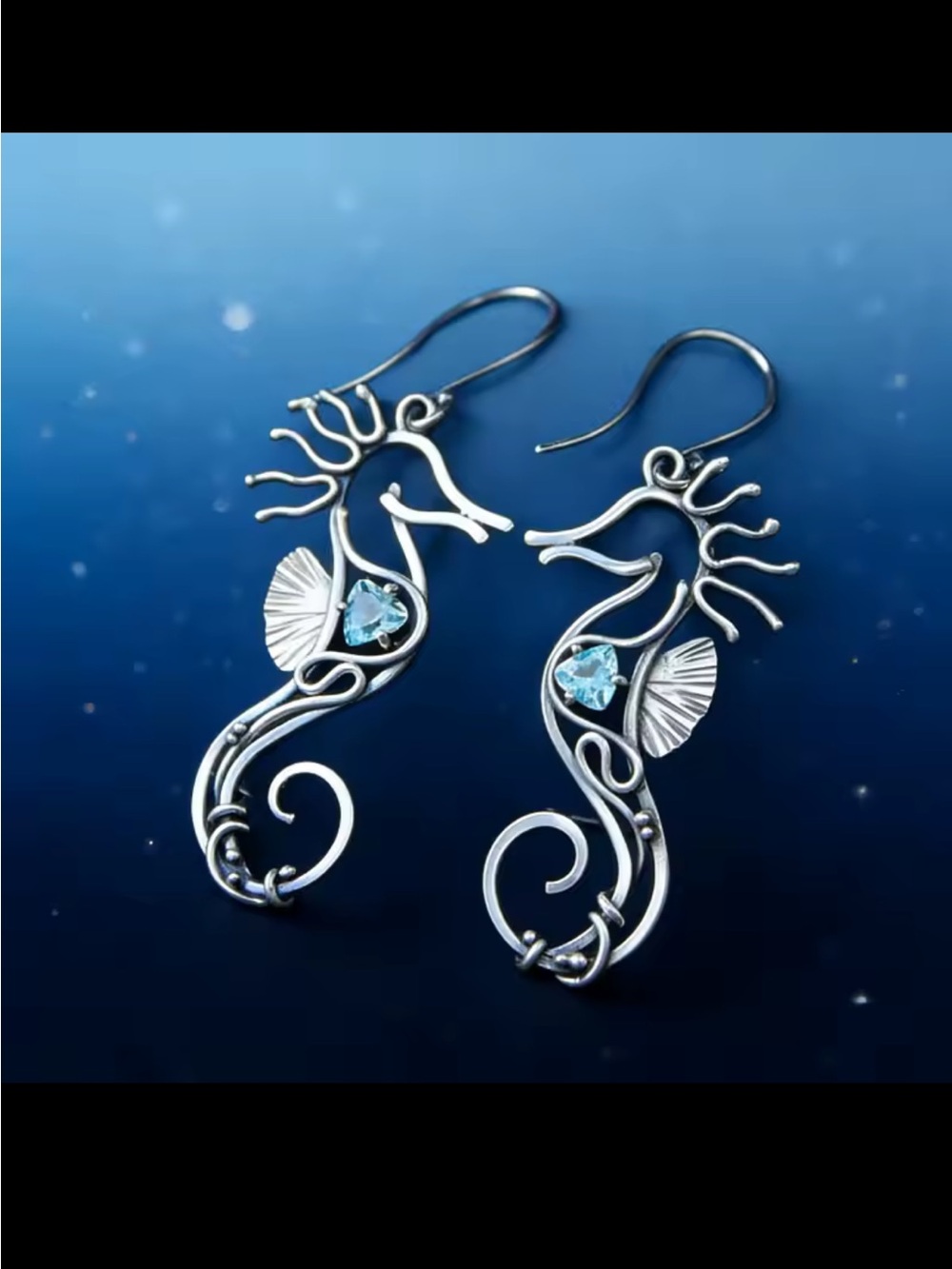 Silver Seahorse Drop Earrings with Blue Crystal Accent